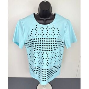 Per Se Women's Pure Leather Short Sleeve Laser Cut Top Blue Size 6